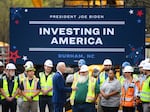 President Biden greets workers after a visit to Wolfspeed, a semiconductor manufacturer in Durham, N.C., on March 28, 2023.