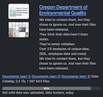 A screenshot of a post that says "We tried to contact them, but they chose to ignore us. And now their files have been released. They think their data hasn't been stolen. They're sorely mistaken. Over 2.5 terabytes of unique data. (SQL, employee data and more) We tried to contact them, but they chose to ignore us. And now their files have been released. Not sold data was uploaded, hunters, enjoy"