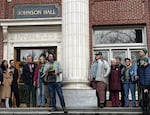 United Academics of UO gathers on steps of Johnson Hall on March 4, 2025.