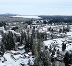 Snow covers the ground in this photo taken from submitted drone footage shot in Veneta, Ore., on Tuesday, Jan. 16, 2024.