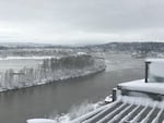 Snow surrounds the Willamette in Portland.
