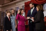 Vice President Kamala Harris swears in Katie Britt for the 118th Congress on Jan. 3, 2023. At 40 years old, Britt became the youngest Republican woman elected to the Senate.