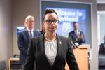 Mayor Ted Wheeler's pick to be Portland's next police chief, Danielle Outlaw, leaves a news conference Thursday, Aug. 10, 2017.