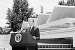 U.S. President Jimmy Carter speaking in front of Solar Panels placed on West Wing Roof of White House, announcing his solar energy policy, Washington, DC, USA, Warren K. Leffler, June 20, 1979. (Photo by: Universal History Archive/Universal Images Group via Getty Images)