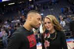 Courtside reporter Brooke Olzendam with Portland Trail Blazers point guard Damian Lillard.