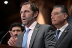 US Representative Jason Crow, Democrat from Colorado, speaks alongside Senator Alex Padilla (R), Democrat from California, during a news conference on free speech legislation, at the US Capitol in Washington, DC, on September 18, 2025. The lawmakers announced plans introduce the "No Political Enemies (NOPE) Act," legislation to protect individuals and organizations from politically motivated targeting and prosecution by the federal government. (Photo by Oliver Contreras / AFP) (Photo by OLIVER CONTRERAS/AFP via Getty Images)