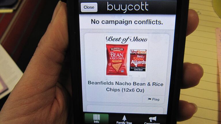The Buycott app tells you whether the company that made a product is associated with the opposition to labeling genetically modified foods.
