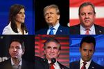 From left to right: former U.N. Ambassador Nikki Haley, former President Donald Trump, former New Jersey Gov. Chris Christie, Florida Gov. Ron DeSantis, North Dakota Gov. Doug Burgum and Vivek Ramaswamy.