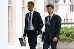 Alphabet CEO Sundar Pichai, left, and OpenAI CEO Sam Altman arrive to the White House for a meeting in May.