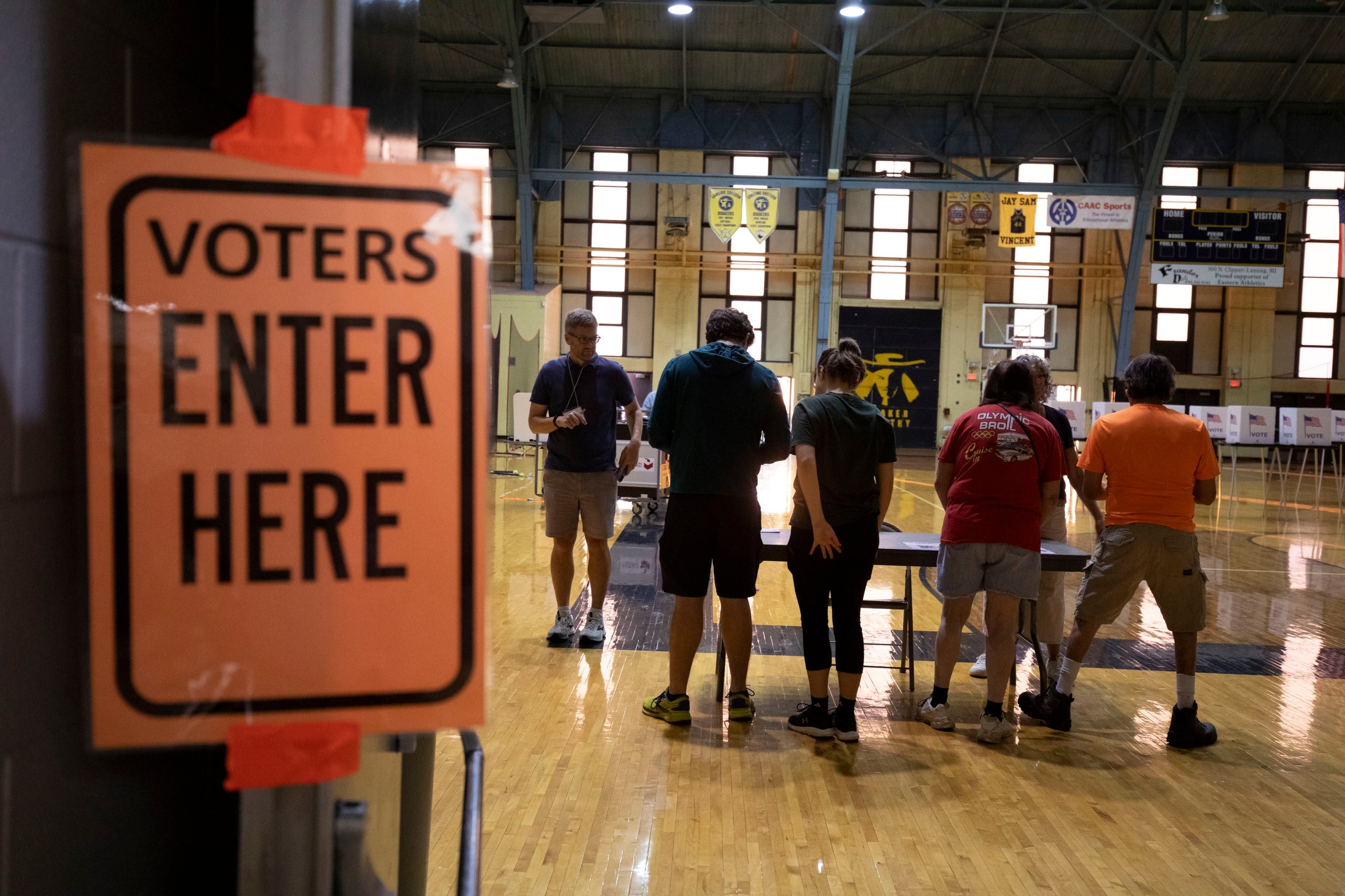 LANSING MICHIGAN - AUGUST 4: Voters go to the polls to cast their ballots in the Michigan Primary election on August 4, 2026 in Lansing Michigan.
