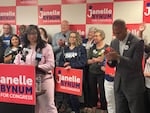 Oregon Rep. Janelle Bynum speaks at a press conference, accompanied by U.S. House Minority Leader Hakeem Jeffries, at the Clackamas Town Center in Portland, Ore., with supporters from SEIU Local 503 in the background, Oct. 2, 2024.