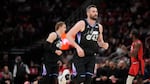 Utah Jazz forward Kevin Love (42) on the court during the first half of an NBA basketball game against the Houston Rockets, Monday, Feb. 23, 2026, in Houston. (AP Photo/Karen Warren)