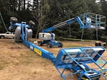 A boom lift tipped over at the scene of the Pickathon music festival Thursday, Aug. 8, 2019, killing the two workers who were working on it while dismantling the main even stage in Happy Valley, Ore.