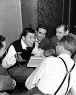 Television writers join Jerry Lewis as they rehearse in May 1951. From left, Kingman T. Moore, Jerry Lewis, Ed Simmons, Norman Lear and Ernie Glucksman.