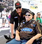 Frank Tiegs, right, with “The Snake” racer, Don Prudhomme, at the 2023 NHRA Northwest nationals in Seattle.