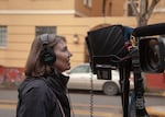 OPB's Jessica Martin behind the scenes during the filming of "Oregon Art Beat" in 2019.