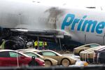 An Amazon cargo plane sits at Miami International Airport after overshooting a runway on Monday, Sept. 7, 2026, in Miami.