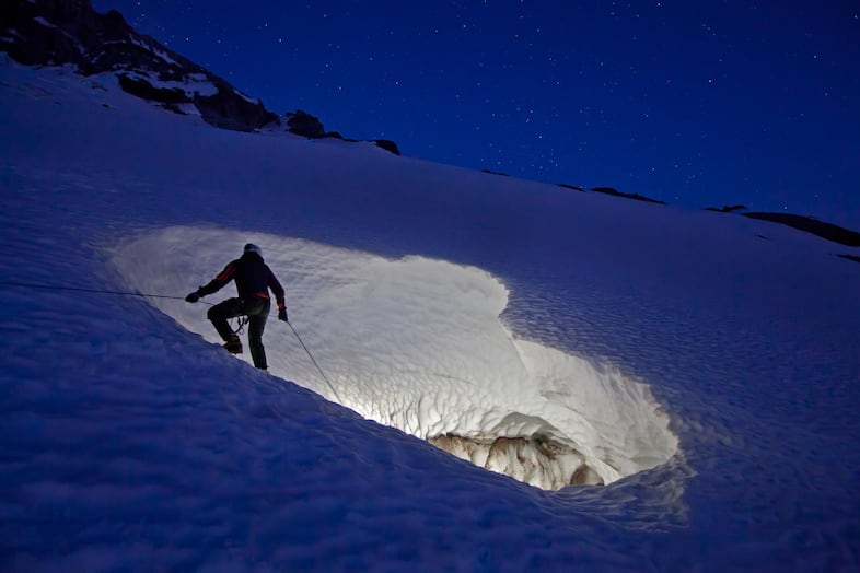 The glacier cave teams often entered the "Cerberus Moulin" at night when colder temperatures lessened the danger of collapsing ice and snow.
In one year, the volume of this moulin increased by 400 percent.
The moulin provided a second, upper entry point into the cave, possibly causing a "chimney" effect through which warm, outside air was sucked into the lower entrance, through the cave, and then into the moulin. Dr. Andreas Pflitsch maintains that these processes helped accelerate the collapse of the caves from within.