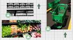 A collage of photos showing eggs and vegetables on store shelves along with empty grocery carts.