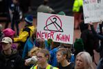 Pro-choice counterprotesters gather at an Oregon Right to Life rally at Pioneer Courthouse Square in Portland, Ore., on the day of worldwide Women's Marches, Saturday, Jan. 19, 2019. 