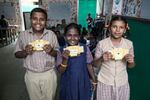 Ramana Rajeesh Kumar, 11, Meenakshi, 8, and Magathi Yazhini, 9, with their assembled foldscopes.