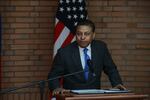 Director of the White House Office of National Drug Control Policy (ONDCP) Dr. Rahul Gupta speaks during a press conference at the Superior Council of the Judiciary in Bogotá, Colombia on Aug. 23.