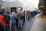 People wait to be let in to a town hall with Rep. Greg Walden, R-Ore., in Bend on Jan. 19, 2019.