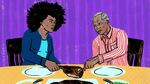 Two people eating turkey at a table