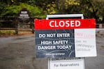 Signage indicates that Muir Woods National Monument in Marin County, CA is closed as a consequence of the government shutdown on Oct. 1, 2025.