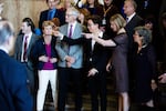 From left, Rep. Sherrie Sprenger, R-Scio; Minority Leader Carl Wilson, R-Grants Pass; House Speaker Tina Kotek, D-N/NE Portland; and Majority Leader Jennifer Williamson, D-Portland, prepare for the official Oregon House portrait on Monday, Jan. 14, 2019.