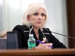 Jennifer Homendy, chair of the U.S. National Transportation Safety Board (NTSB), testifies before the Senate Commerce, Science and Transportation Committee on Capitol Hill on March 6. Homendy said Boeing has not fully cooperated with the NTSB investigation.