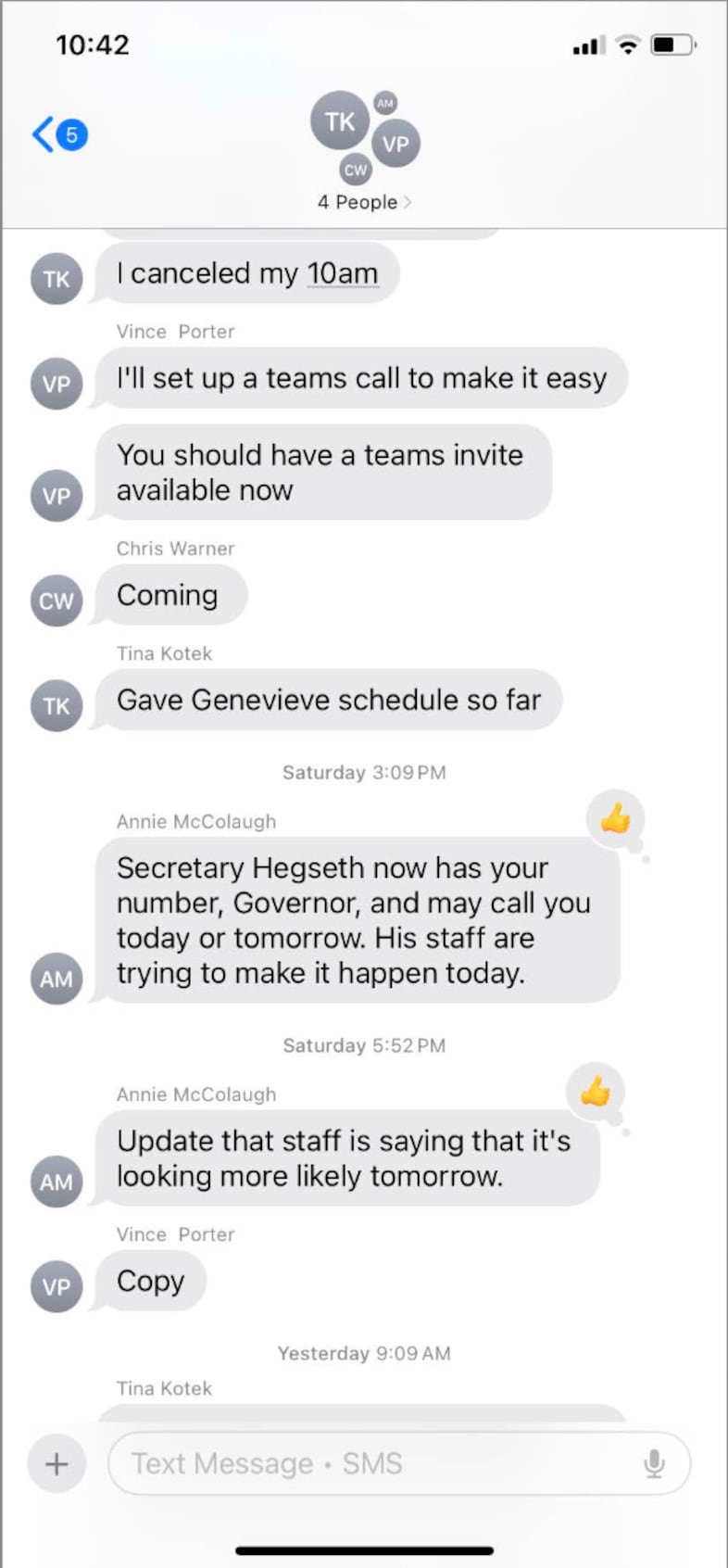 A screenshot of text messages between President Donald Trump, his top staff and Oregon Gov. Tina Kotek detailing the justification for mobilizing National Guard troops.