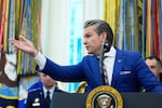 Defense Secretary Pete Hegseth speaks during a Mexican Border Defense Medal presentation in the Oval Office of the White House, Monday, Dec. 15, 2025, in Washington.