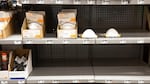 Dust masks sit on shelves at Home Depot in Clackamas, Ore., Friday, Feb. 14, 2020. The store has run low on dust masks since the coronavirus outbreak in China.