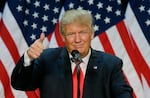 In this May 6, 2016, file photo, Republican presidential candidate Donald Trump speaks during a rally in Eugene, Ore.