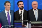 New York City mayoral candidates former New York Gov. Andrew Cuomo (left), Zohran Mamdani and Curtis Sliwa at a debate on Oct. 16.