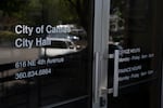 A sign for Camas City Hall is seen on Monday, Aug. 17, 2026, in Camas, Wash.