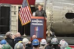Defense Secretary Pete Hegseth speaks at the Bath Iron Works in Bath, Maine, Monday, Feb. 9, 2026.