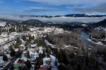 U.S. Highway 2, top left, leads to downtown Leavenworth, Wash., as the Wenatchee River runs next to Blackbird Island, center right, on Wednesday, Nov. 27, 2024.