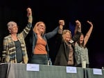 Four of the Democratic candidates for Oregon's 2nd congressional district at a town hall in Medford, Feb. 1, 2026. From left to right: Patty Snow, Rebecca Mueller, Dawn Rasmussen and Mary Doyle.