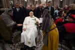 Pope Francis greets participants to the Living Nativity Scene at the Basilica of St. Mary Major on December 14, 2024 in Rome, Italy. He will be laid to rest in the Basilica after his funeral in the Vatican on Saturday.