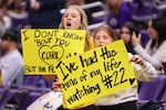 Young fans hold signs for Caitlin Clark prior to the game against the Northwestern Wildcats on Jan. 31, in Evanston, Ill.