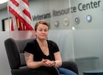 Megan Sholin, a veteran of the U.S. Navy and current student at Portland State University. Sholin, seen in the Veterans Resource Center on campus, April 21, 2025, is concerned about possible cuts to federal benefits that could impact her ability to attend school and pay student loans.