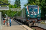 The Amtrak Cascades route serves 18 stations between Vancouver, Canada, and Eugene, Ore. Shown here is a new Airo train entering the Salem station during testing in July.