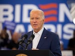 President Biden is seen speaking to supporters at a campaign event at Renaissance High School on July 12 in Detroit. On Sunday, Biden said he would no longer seek reelection and instead is endorsing Vice President Harris.