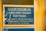A sign outside courtroom 2A in the Multnomah County Courthouse, where landlord tenant eviction cases are heard, Jan. 28, 2025. 