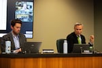 City manager, Eric King (right), thanks Andrés Portela III for his work as the city's equity and inclusion director at a city council meeting in Bend, Ore., on Sep. 17, 2025. Portela III submitted his resignation the week before.