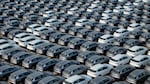 BYD electric cars wait to be loaded onto a ship at a port in Yantai, China, on April 18. China has rapidly become a major auto exporter, but tariffs have kept cheap Chinese EVs out of the U.S. market — so far.