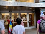 Demonstrators outside the Smith Memorial Student Union where conservative speaker Riley Gaines is speaking on the Portland State University campus in Portland, May 5, 2025.