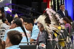 Youth from Crow Nation wore shirts designed by Choke Cherry Creek for the UNITY Gala on July 2. O’shay Birdinground wore a traditional headdress.